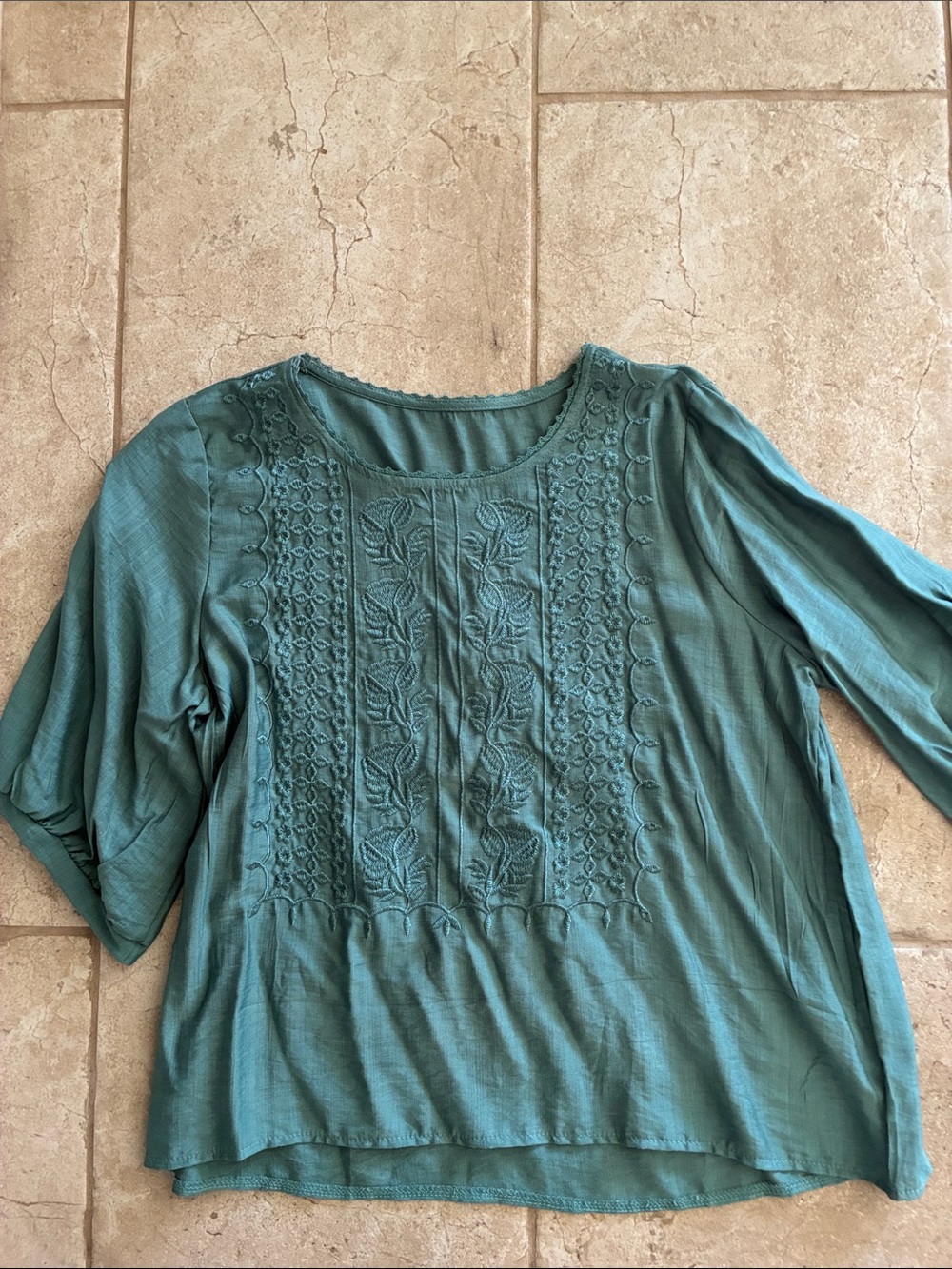 Embroidered Teal Women’s Blouse - Classic Scoop Neck